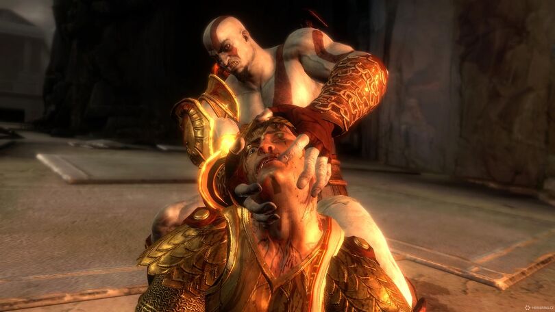 Kratos trhá hlavu bohu slunce.