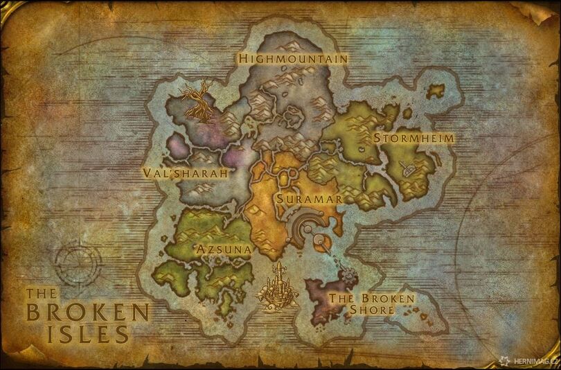 Mapa nové lokace Broken Isles. Zdroj: Blizzard